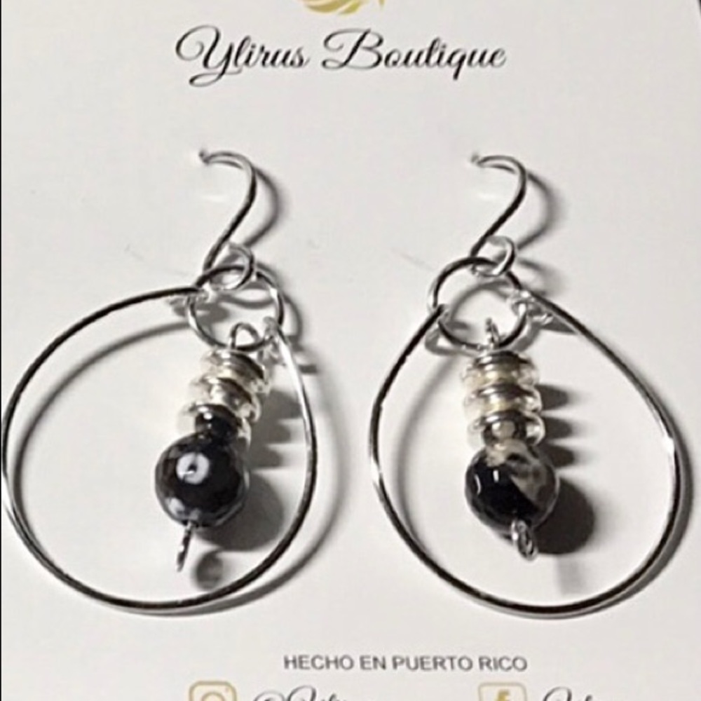 New 1pr no-tarnish artisan-made earrings, snowflake obsidian, silver